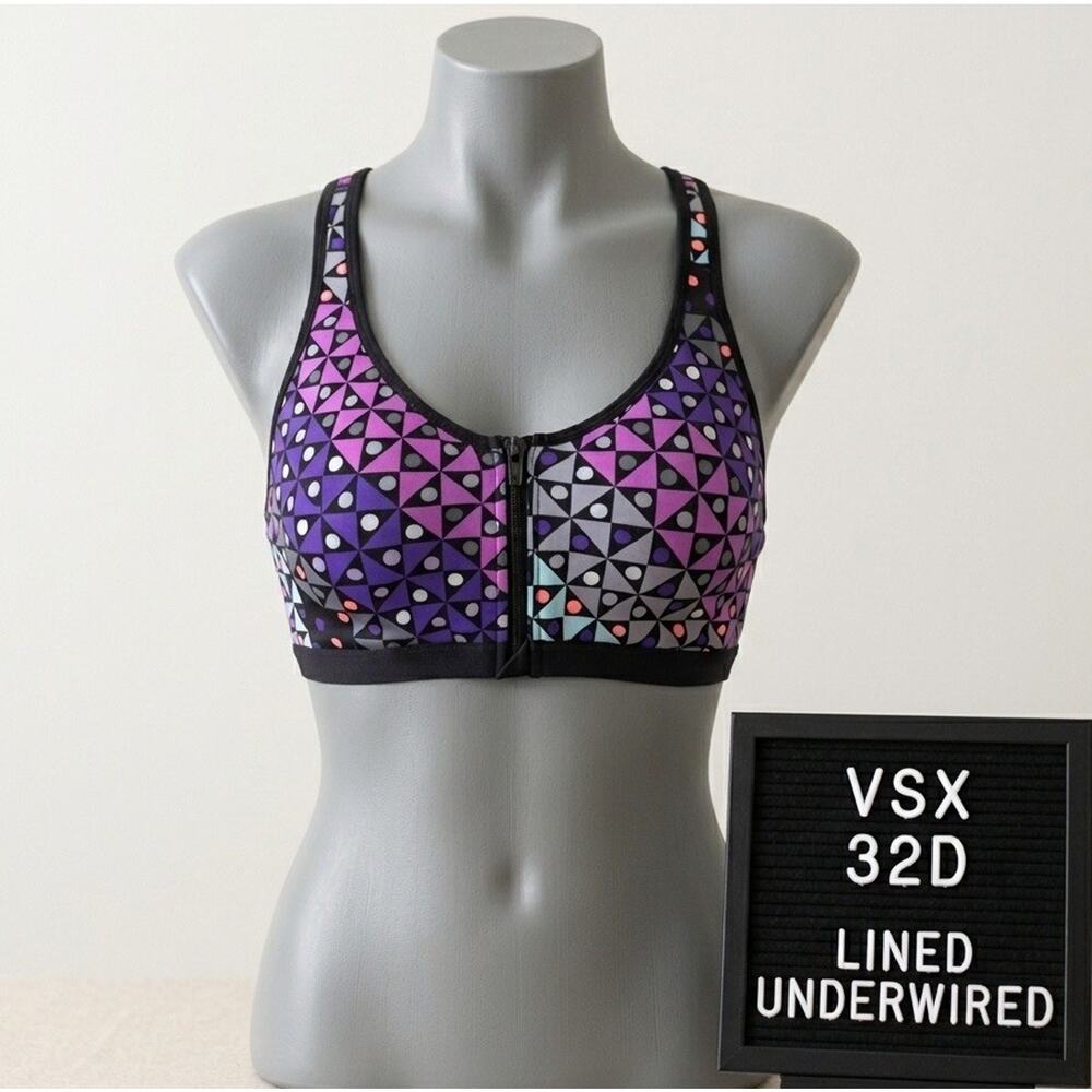 VSX Victoria's Secret 32D Sports Bra Front Zip Underwire Lined Geometric
